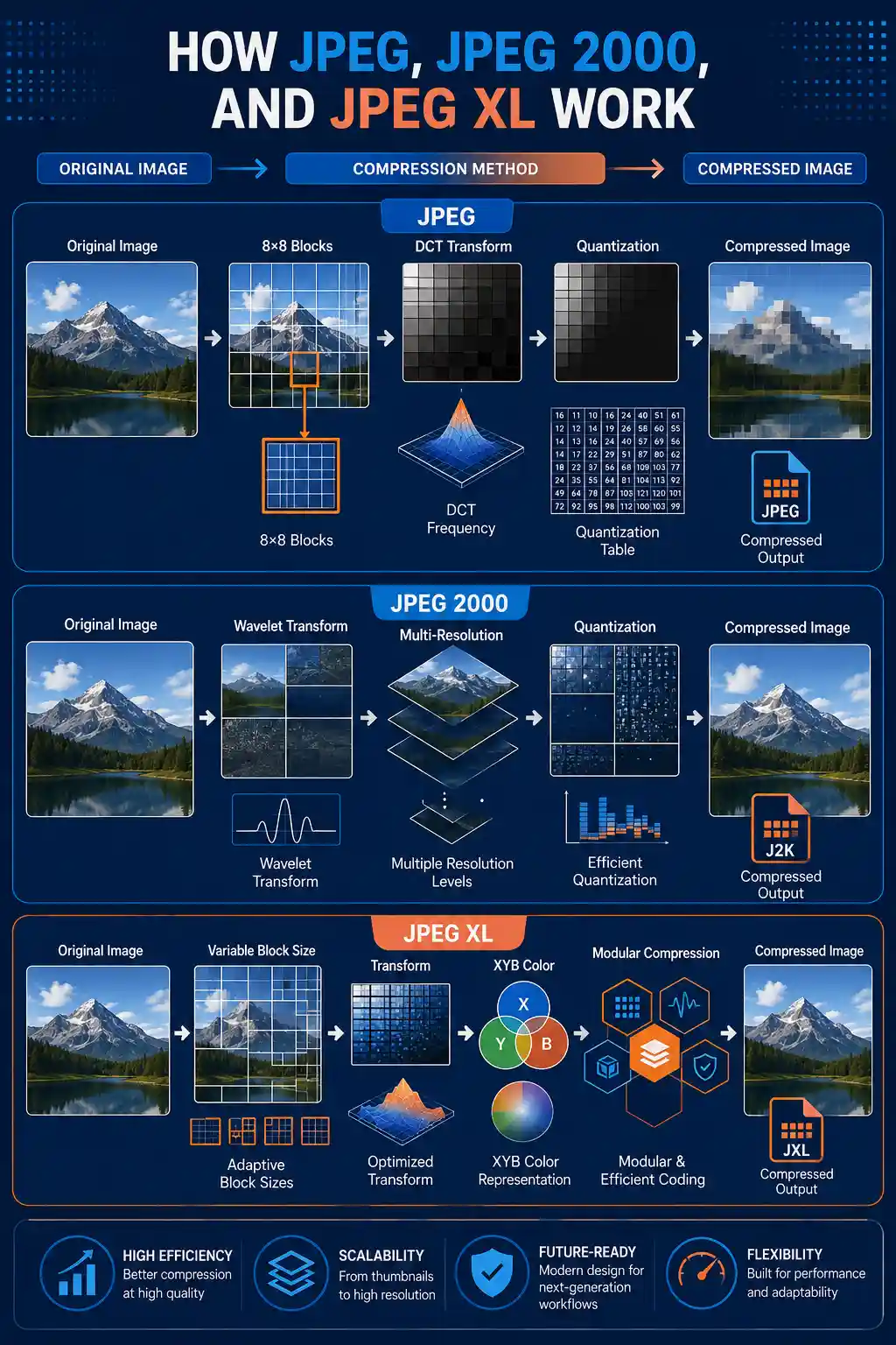 JPEG vs JPEG 2000 vs JPEG XL compression methods showing DCT, wavelet, and modular transforms