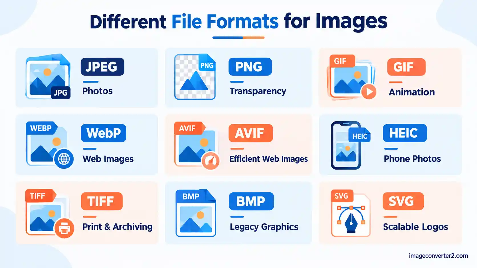 Infographic comparing JPEG, PNG, GIF, WebP, AVIF, HEIC, TIFF, BMP, and SVG image formats and their common uses.