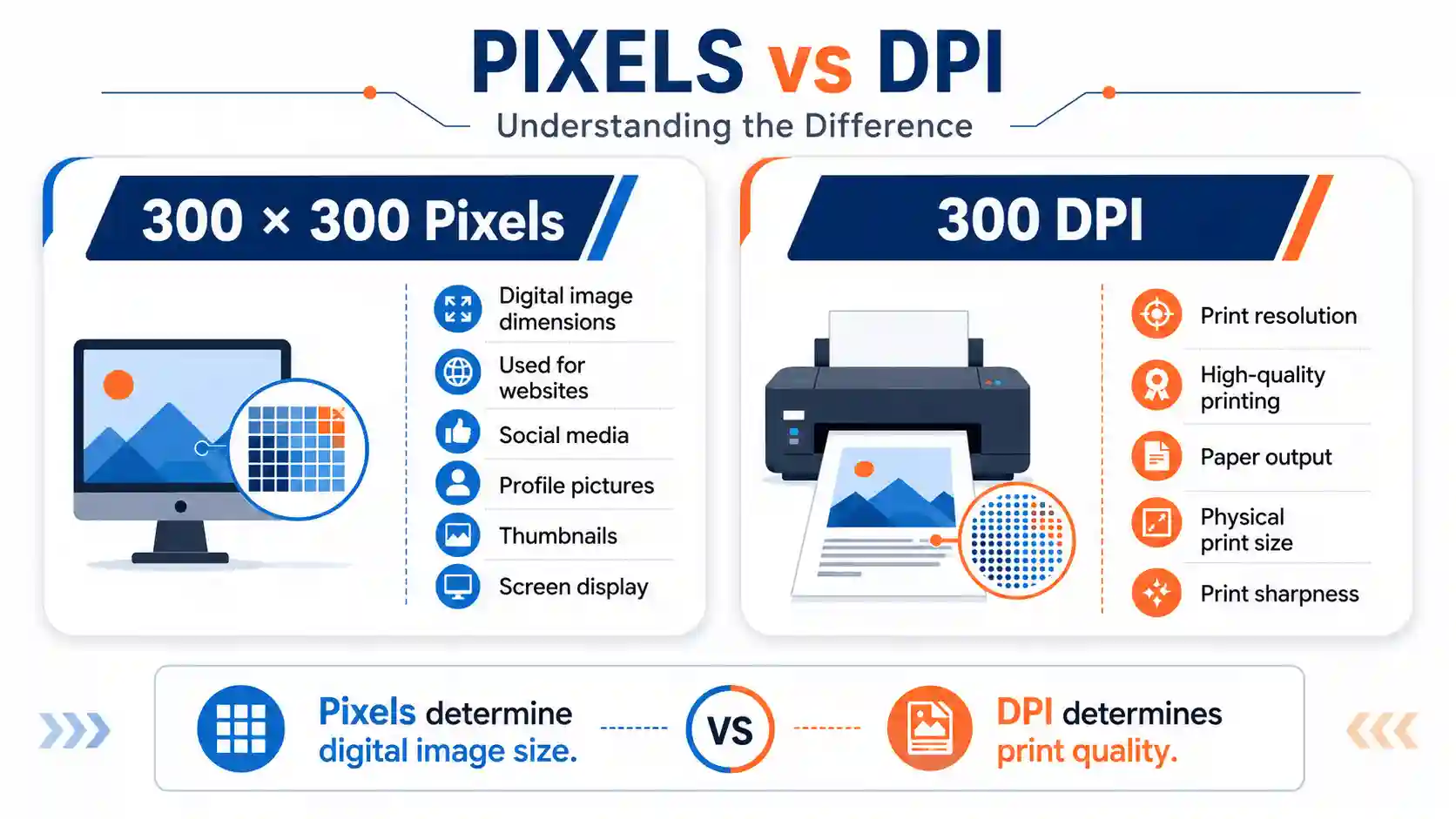 Comparison between 300x300 pixels and 300 DPI showing digital image dimensions versus print resolution