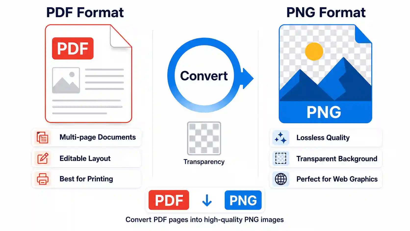 Comparison between PDF and PNG formats showing PDF document features, PNG image features, and the process of converting a PDF into a high-quality PNG image with transparency support.