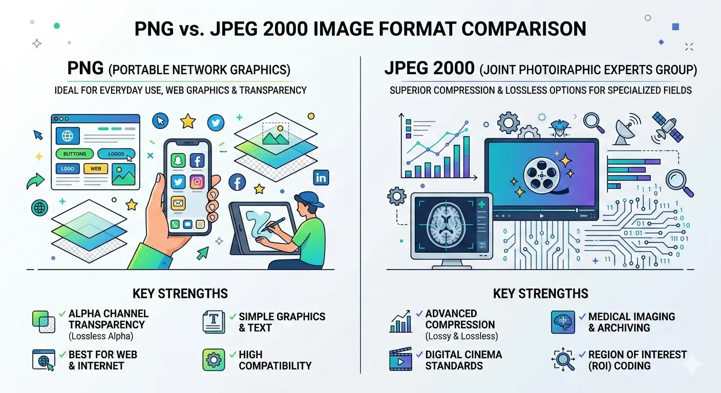 jpeg 2000 vs png, jpeg2000 vs png comparison, png vs jpeg 2000 image quality, jpeg2000 compression vs png, png vs jpeg2000 file size, jpeg2000 image format explained, png transparency vs jpeg2000, when to use jpeg 2000 vs png
