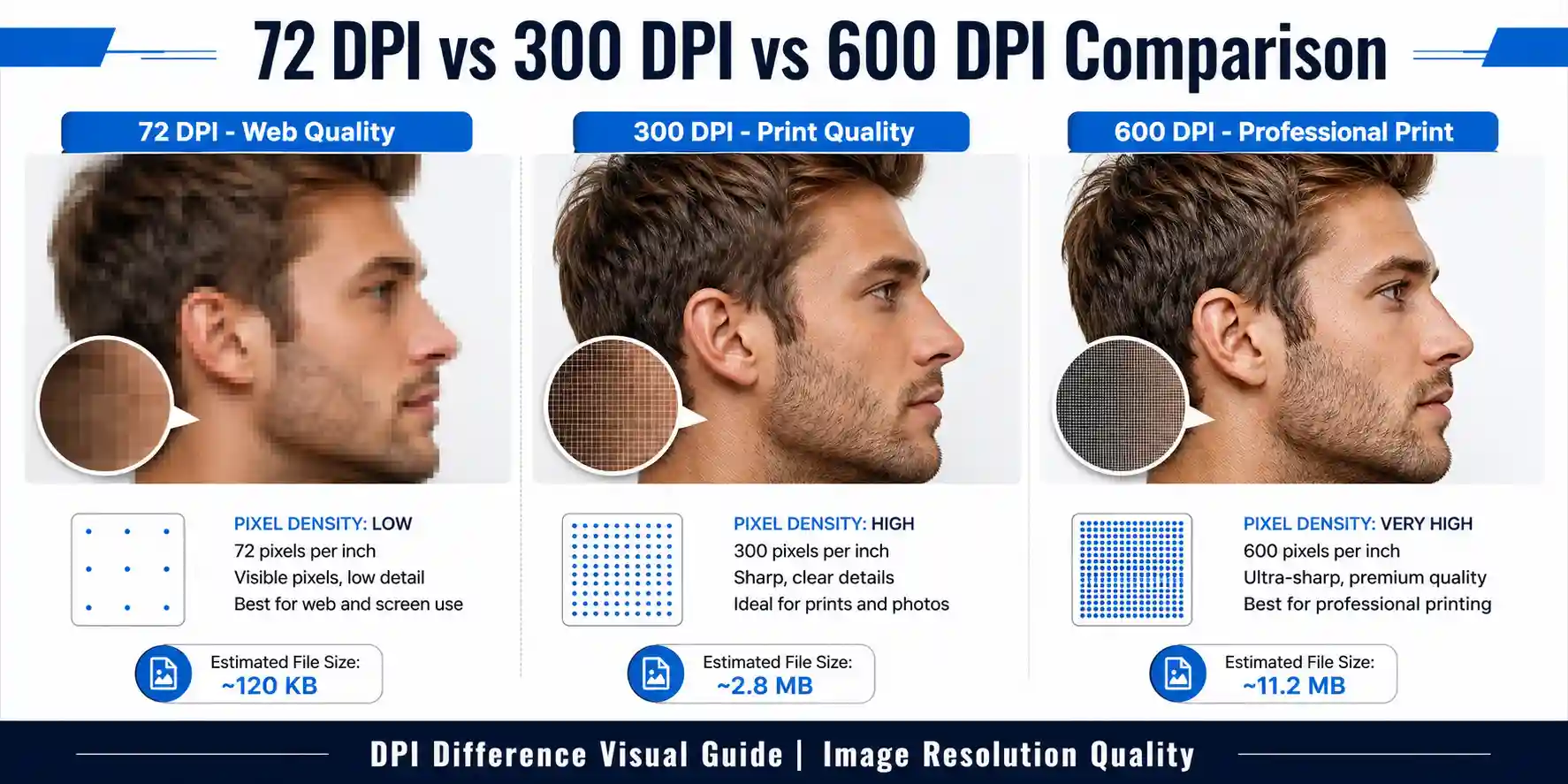 Comprehensive visual comparison showing 72 DPI web quality versus 300 DPI  professional print quality versus 600 DPI professional print, demonstrating  image resolution differences in The #1 Best DPI Converter guide - comparing  pixelated low resolution with crystal clear high resolution photographs for  DPI conversion and image quality optimization