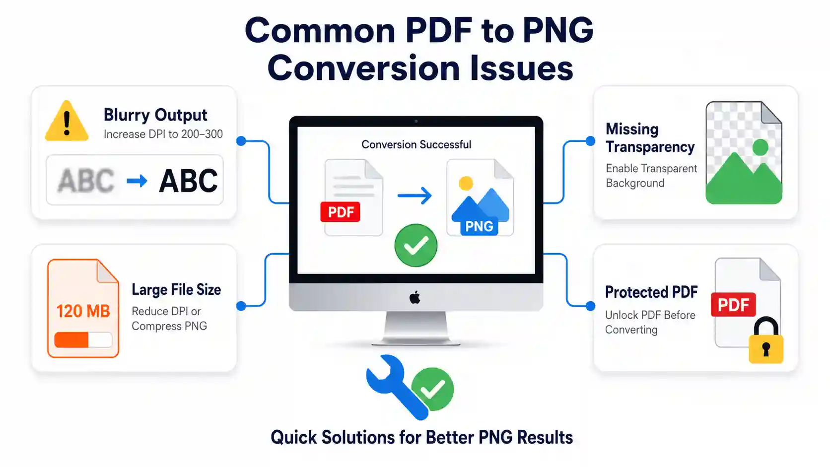 Infographic showing common PDF to PNG conversion problems on Mac, including blurry images, missing transparency, large file sizes, and password-protected PDFs with their solutions.