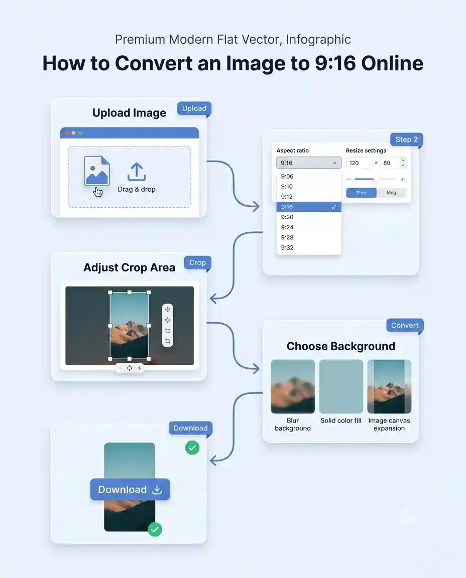 Step by step guide showing how to convert an image to 9:16 ratio online by uploading cropping and downloading