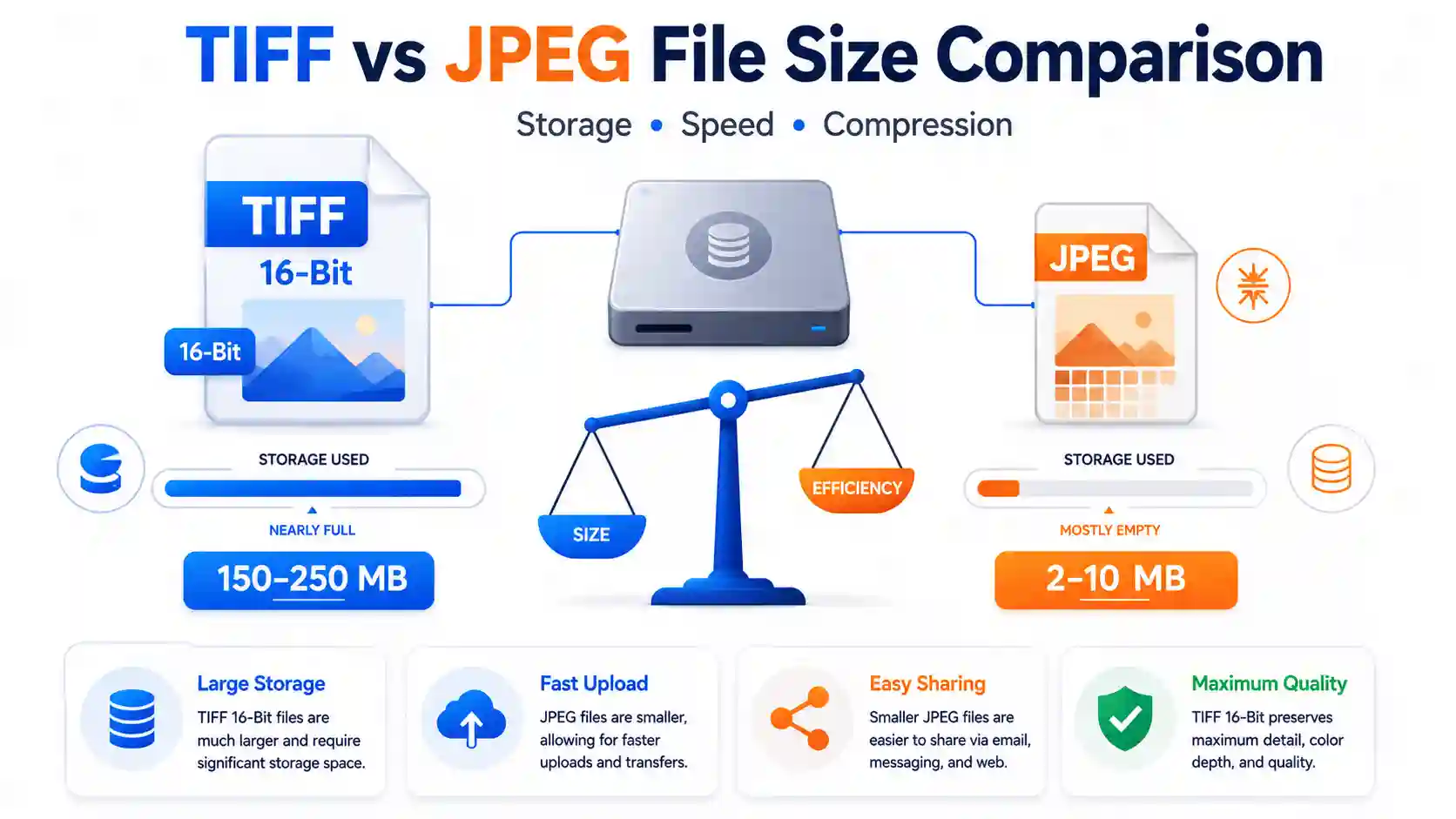 TIFF 16-Bit and JPEG file size comparison showing storage requirements and compression differences