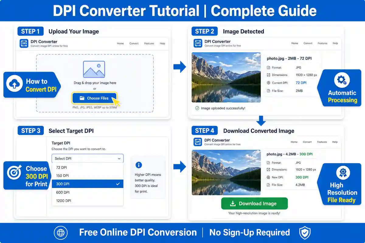 Complete step-by-step tutorial screenshot grid for The #1 Best DPI Converter  in 2026 showing: uploading image files, automatic DPI detection, selecting  target DPI value from dropdown menu (72, 150, 300, 600, 1200), preview of  converted image, and downloading high-quality converted file - free online  DPI converter with no sign-up required for converting images to 300 DPI for  print and web resolution optimization