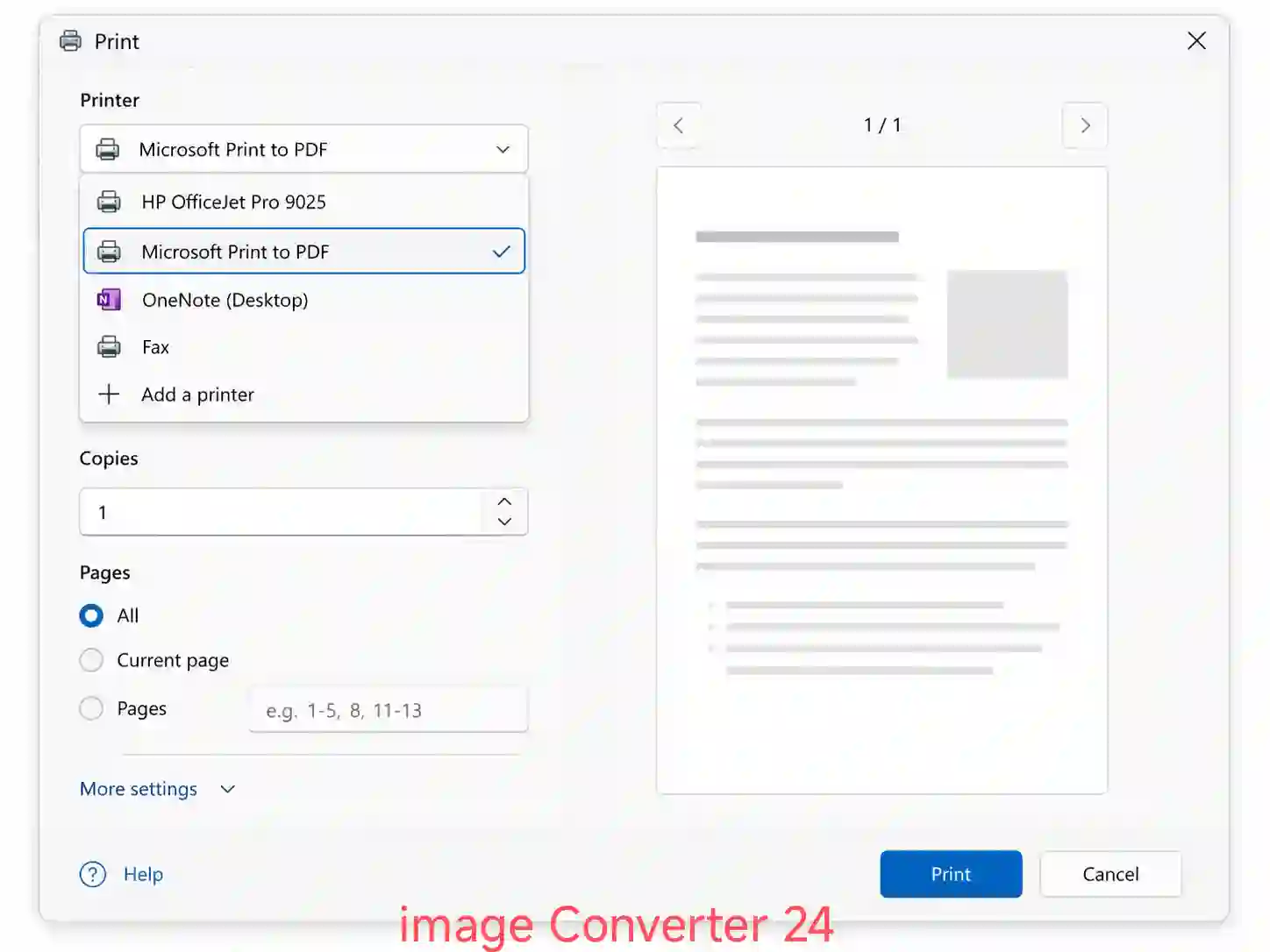 This image shows the Windows 11 print dialog box with the printer dropdown menu open, clearly highlighting the "Microsoft Print to PDF" option selected in blue for converting a JPEG image to a PDF file.