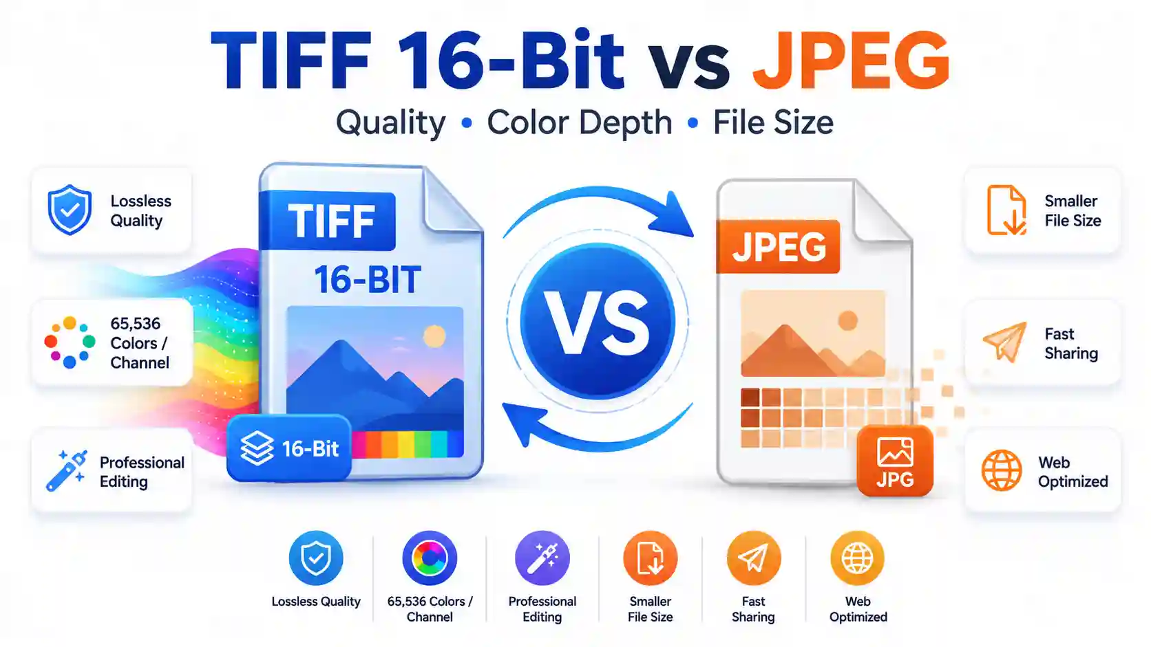 TIFF 16-Bit vs JPEG comparison showing differences in image quality, color depth, file size, and professional use cases