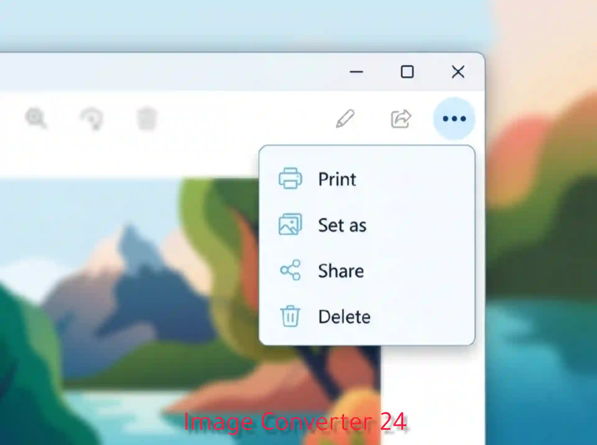 This image demonstrates the Windows Photos app interface with the three-dot ellipsis menu clicked in the top-right corner, revealing the Print option from the dropdown list to save the image as a PDF.
