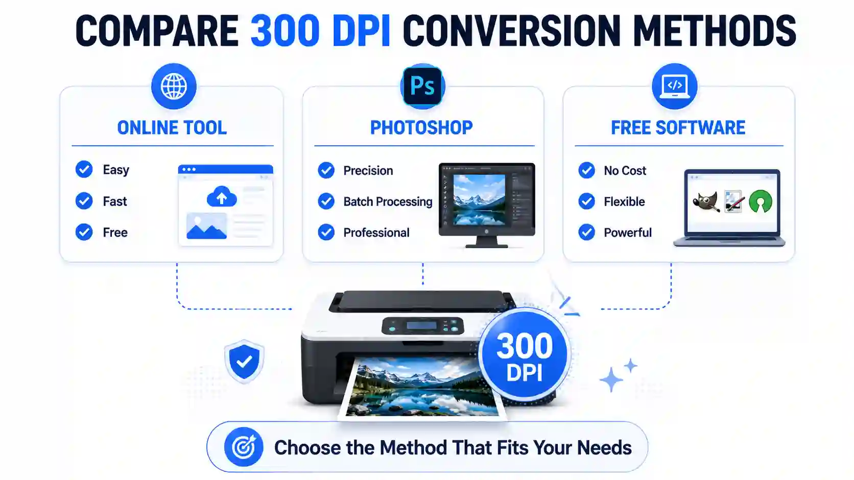 How Do I Convert a Picture to 300 DPI comparison chart highlighting online converters, Photoshop, and free software for professional 300 DPI image conversion.