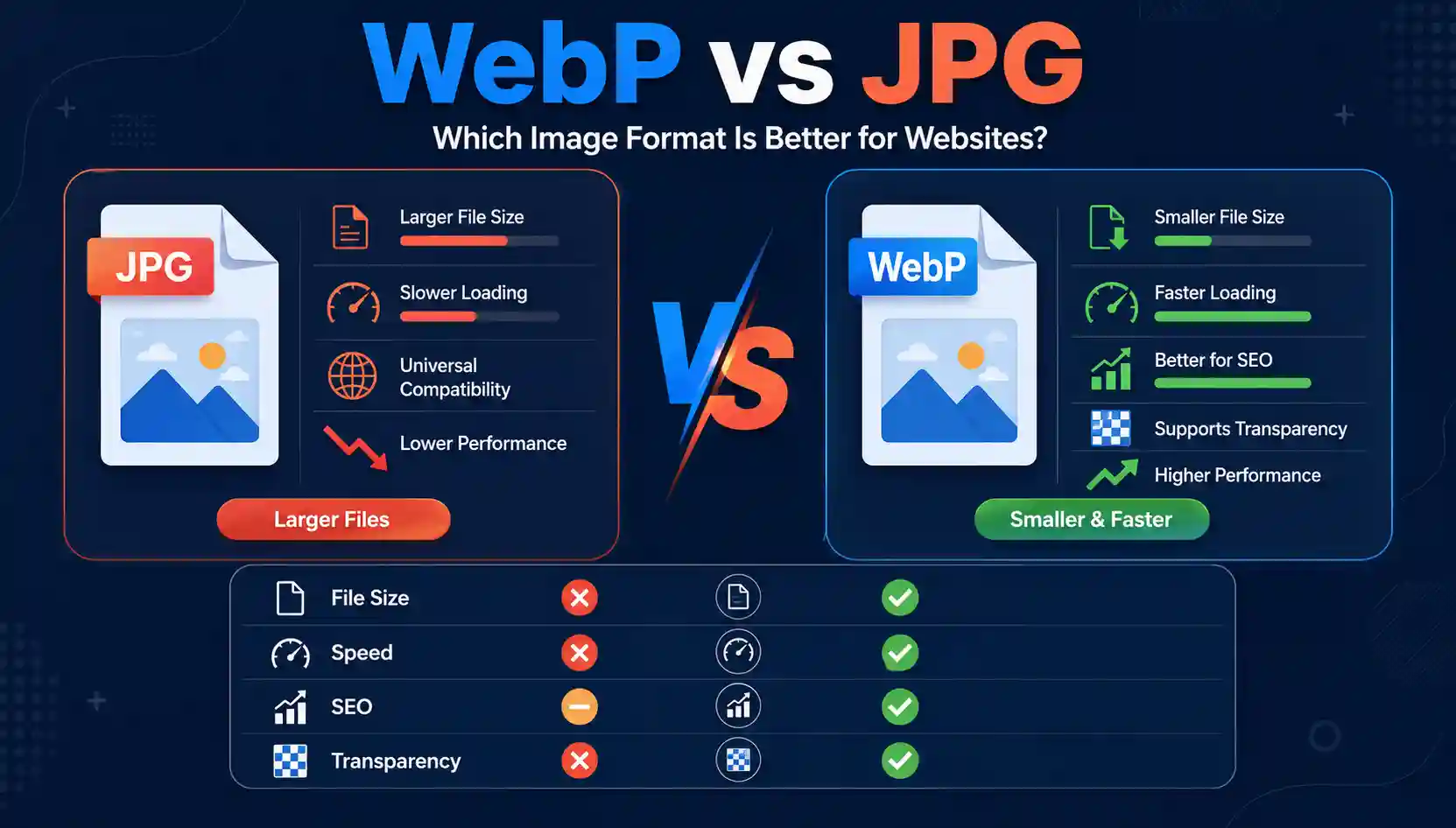 WebP vs JPG for website comparison showing file size, speed, SEO, and image quality differences.