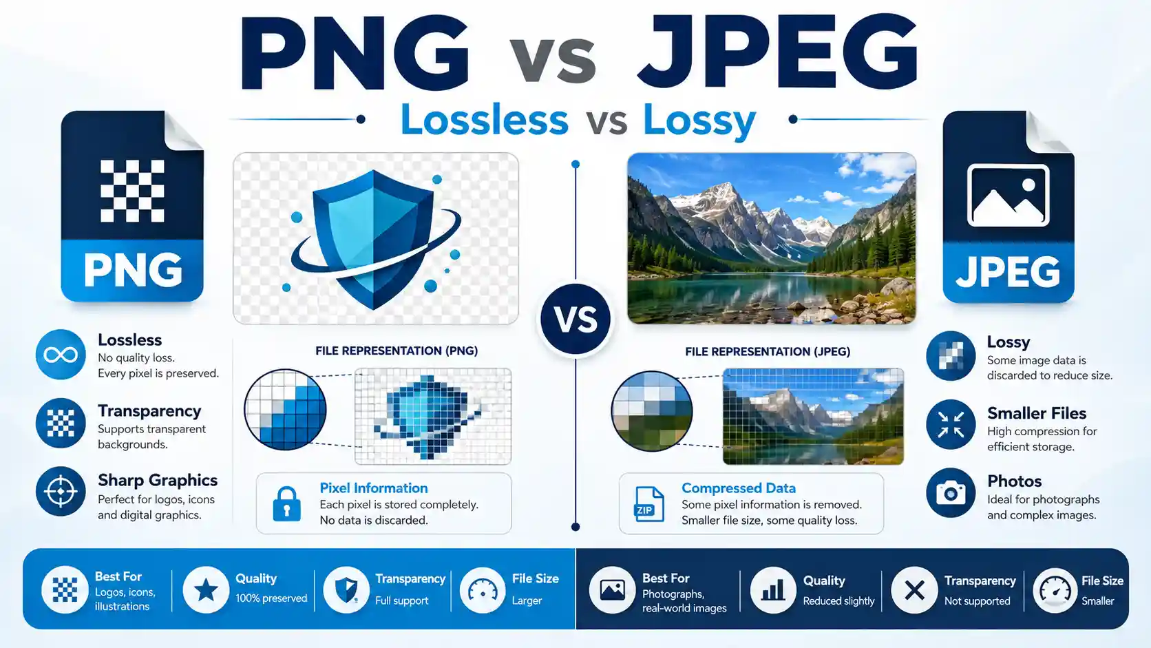 PNG vs JPEG technical comparison showing PNG lossless compression, transparency and sharp graphics versus JPEG lossy compression, smaller file size and photographic images.