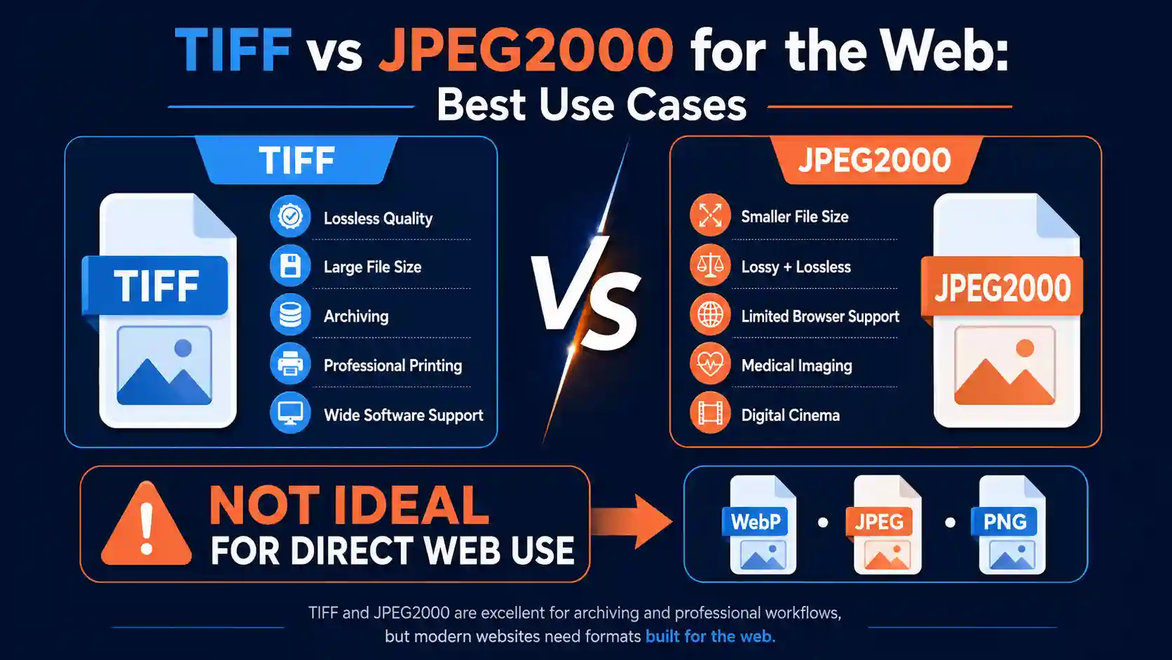 TIFF vs JPEG2000 comparison for web use showing file size, quality, browser support, and conversion to WebP, JPEG, or PNG