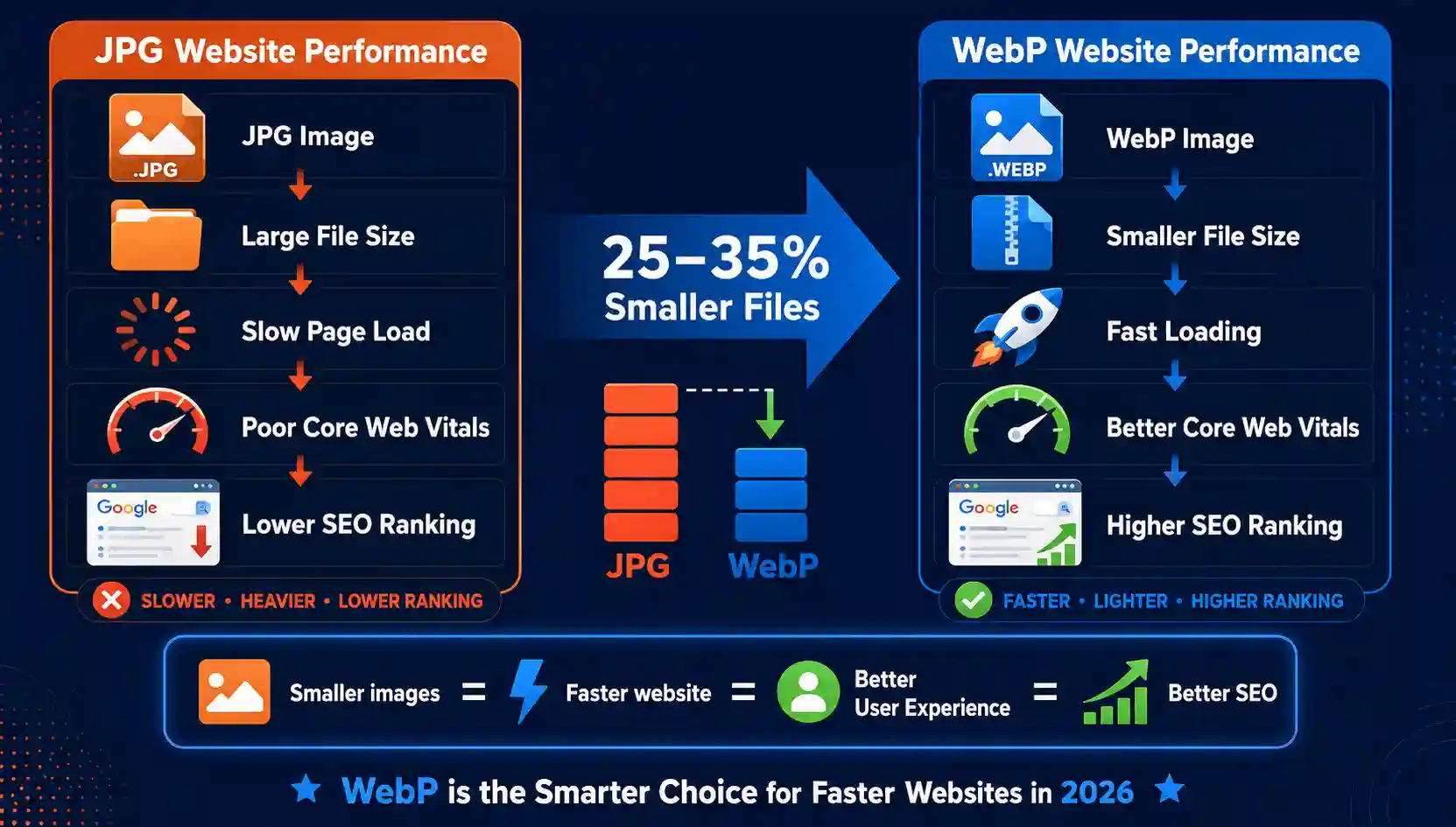 How WebP improves website speed, Core Web Vitals, and SEO compared to JPG.