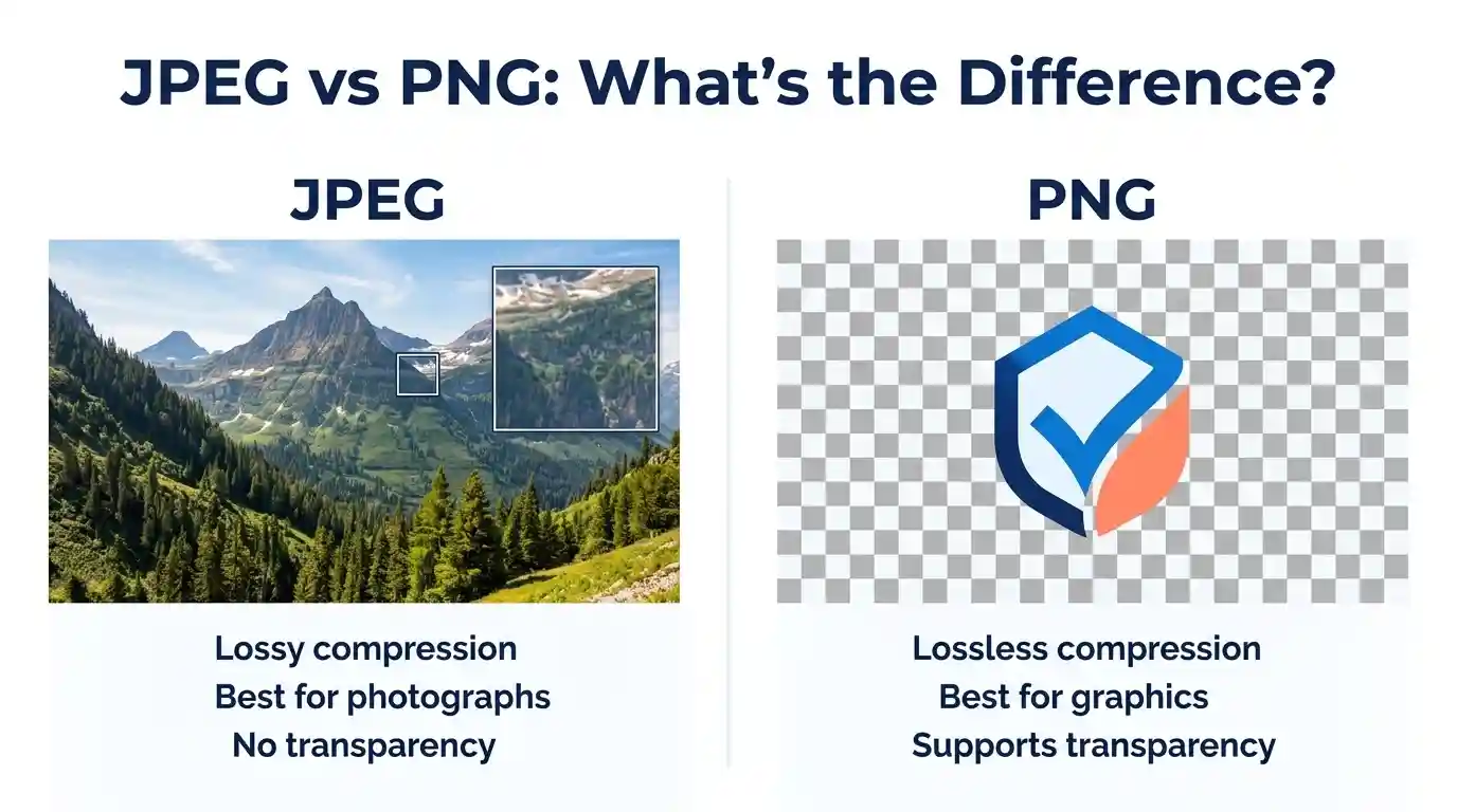 JPEG compression compared with PNG lossless graphics and transparency