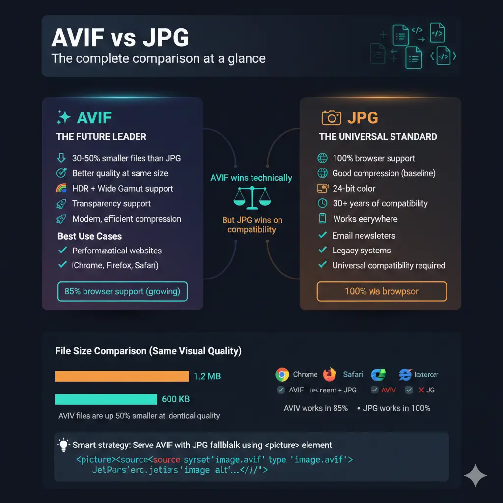 AVIF vs JPG comparison, AVIF vs JPEG, AVIF vs JPG quality, AVIF vs JPG file size, AVIF vs JPG compression, Is AVIF better than JPG, Should I use AVIF instead of JPG, AVIF vs JPG for website, AVIF vs JPG for web performance, AVIF vs JPG image format comparison, AVIF vs JPG browser support, AVIF vs JPG speed comparison, AVIF compression vs JPG, AVIF lossy vs JPG, AVIF image format advantages, JPG image format limitations, AVIF HDR support, AVIF transparency support, Which is better AVIF or JPG, When to use AVIF over JPG, Best image format for website AVIF or JPG