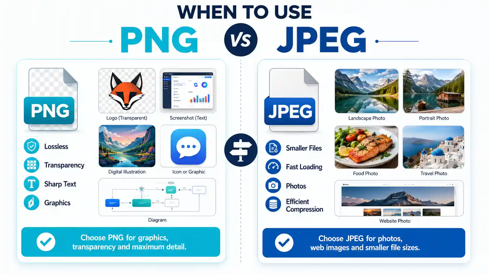 When to use PNG vs JPEG guide showing PNG for logos, screenshots, graphics and transparency, while JPEG is better for photos, web images and smaller file sizes.
