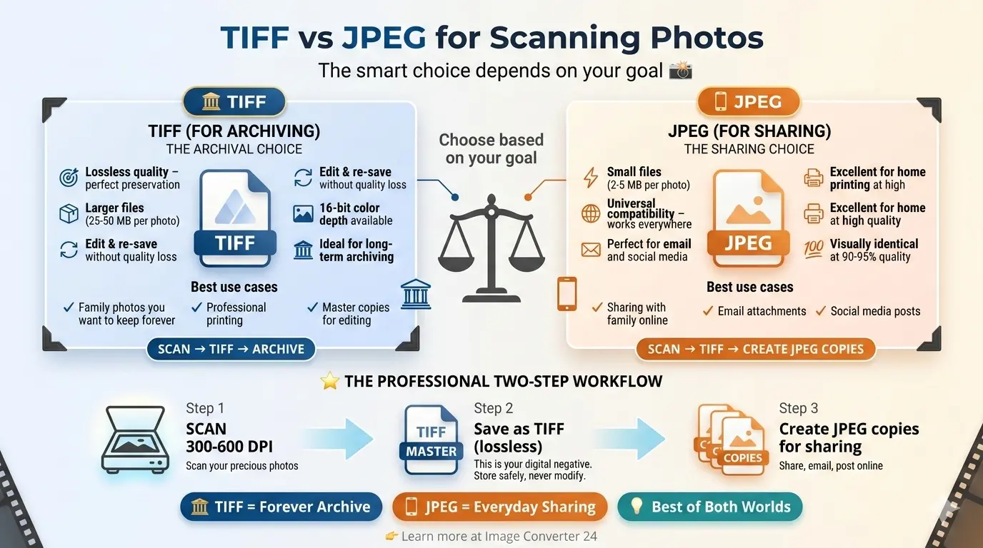 TIFF or JPEG for scanning photos, TIFF vs JPEG scanning, best format for scanning photos, should I scan photos as TIFF or JPEG, TIFF vs JPEG quality scanning, scanning old photos TIFF or JPEG, TIFF vs JPEG file size, best photo scanning format