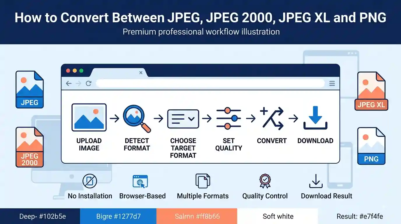 JPEG vs JPEG 2000 vs JPEG XL conversion workflow showing how to convert between image formats