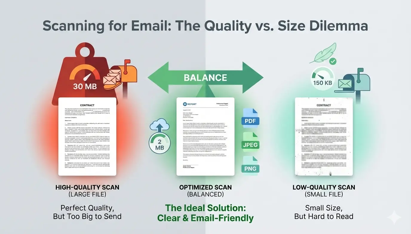 Best Format to Scan Documents for Email, scan document for email, PDF vs JPEG for scanning, scan to email settings, DPI for scanning documents, reduce scanned file size, email document scanning, scan documents clearly small size, how to scan for email