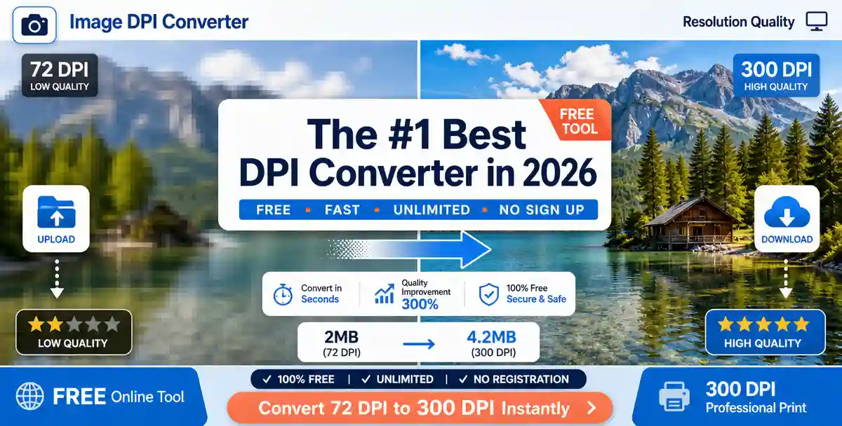 Hero image for The #1 Best DPI Converter in 2026 showing split-screen  comparison of 72 DPI pixelated low-quality image on left versus 300 DPI  crystal clear professional print quality image on right, with text "Convert  72 DPI to 300 DPI Instantly - Free, Fast, Unlimited, No Sign Up" - featuring  professional design showcasing image resolution quality transformation and  online DPI conversion tool benefits