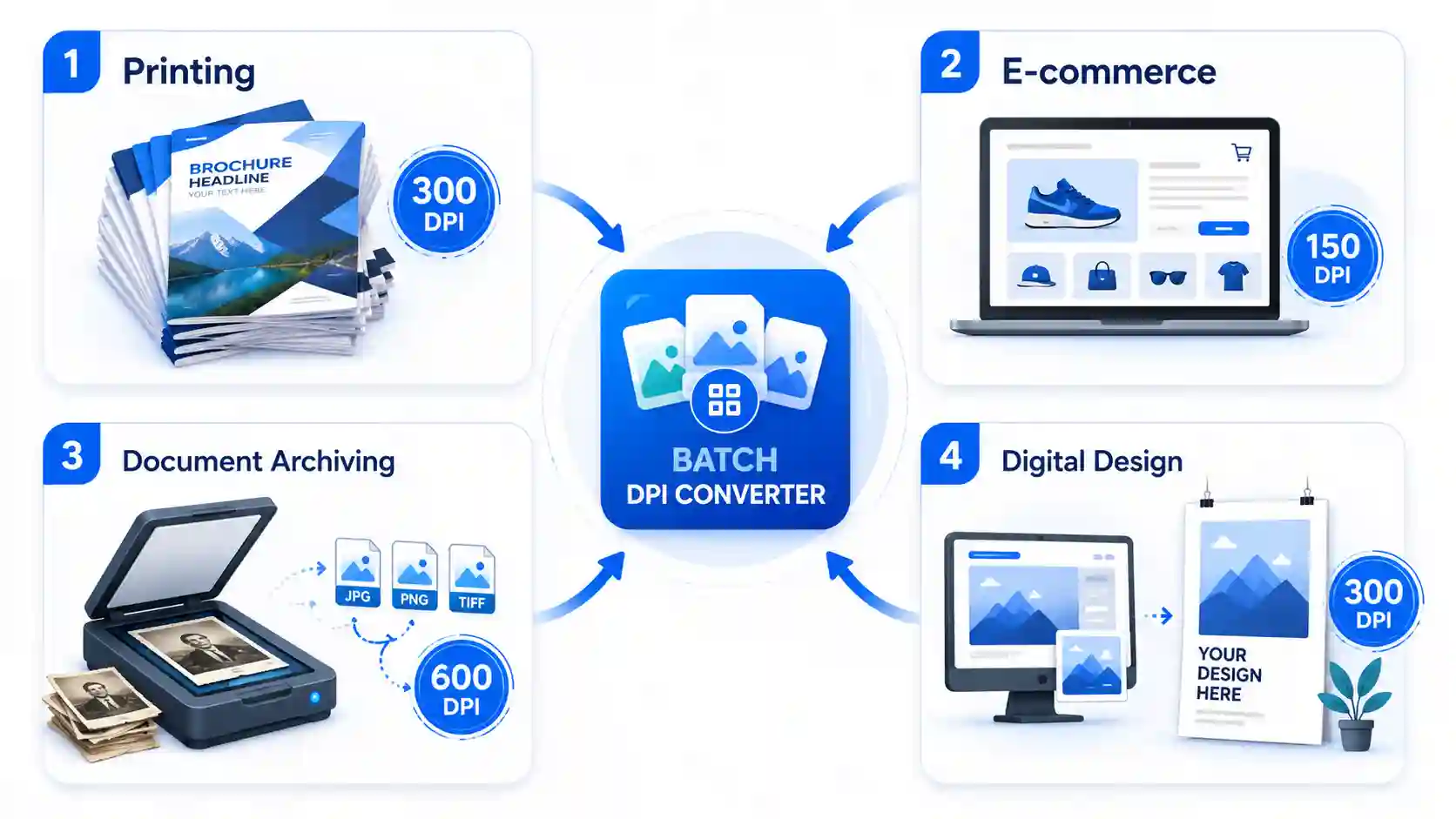 Common use cases for a DPI converter for multiple files including printing ecommerce and document archiving