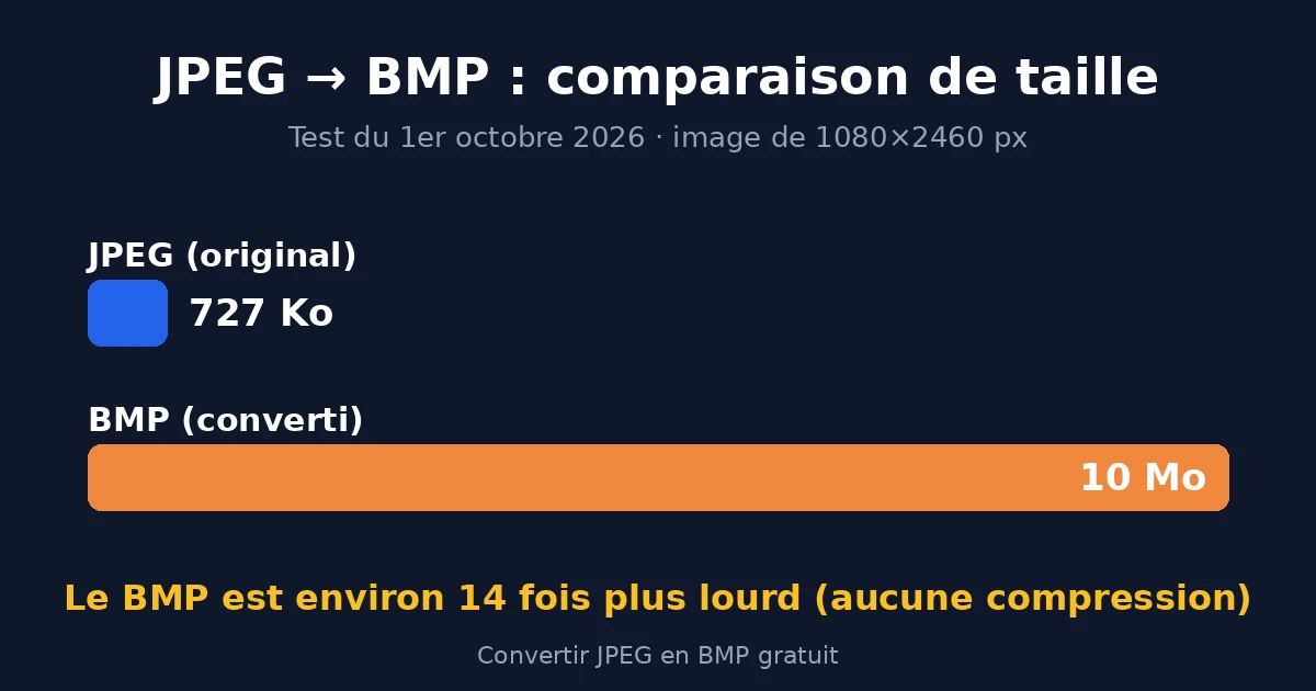 Convertir JPEG en BMP : un JPEG de 727 Ko devient un BMP de 10 Mo, environ 14 fois plus lourd