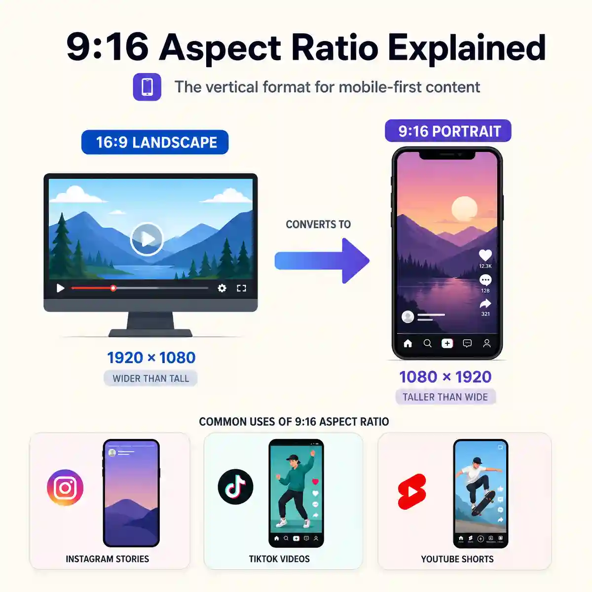 9:16 aspect ratio explained with pixel dimensions 1080x1920 compared to 16:9 widescreen format