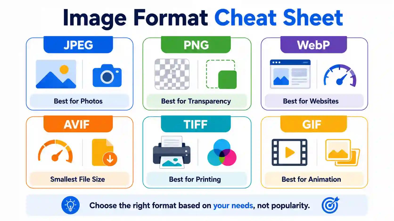 What is the Difference Between Different Image Formats? Image format cheat sheet for JPEG, PNG, WebP, AVIF, TIFF, and GIF