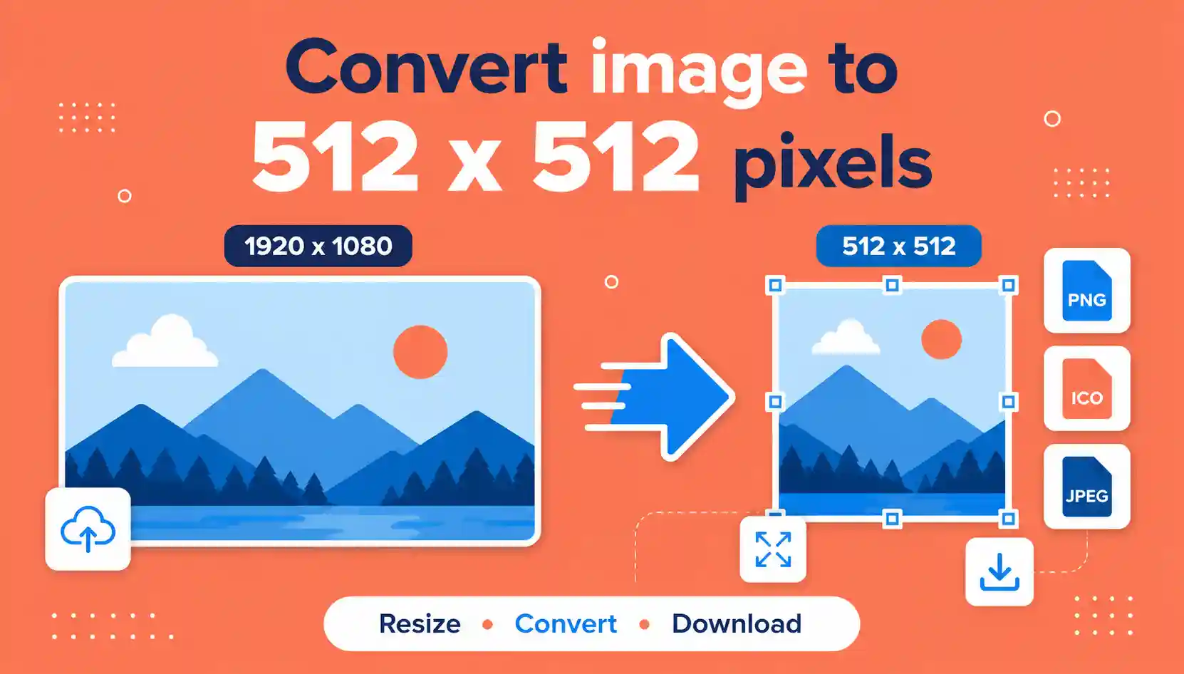 Convert image to 512x512 pixels showing image resizing from a large photo to a 512×512 square icon with PNG and ICO formats.