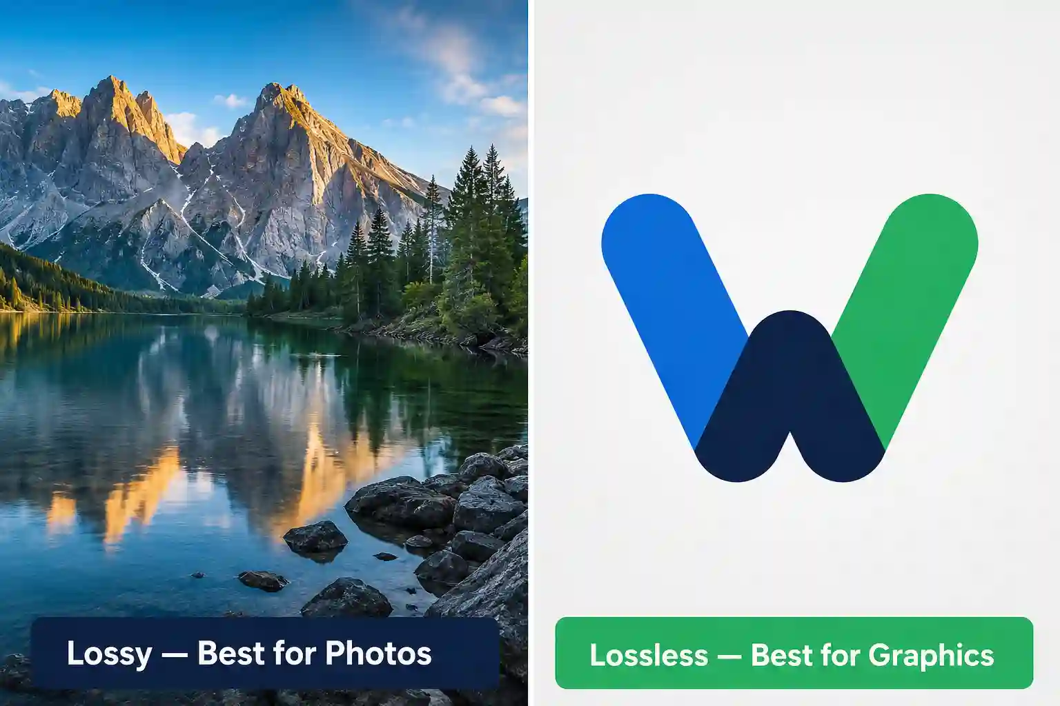 Comparison of lossy compression best suited for photographs and lossless compression best suited for graphics and logos in WebP format