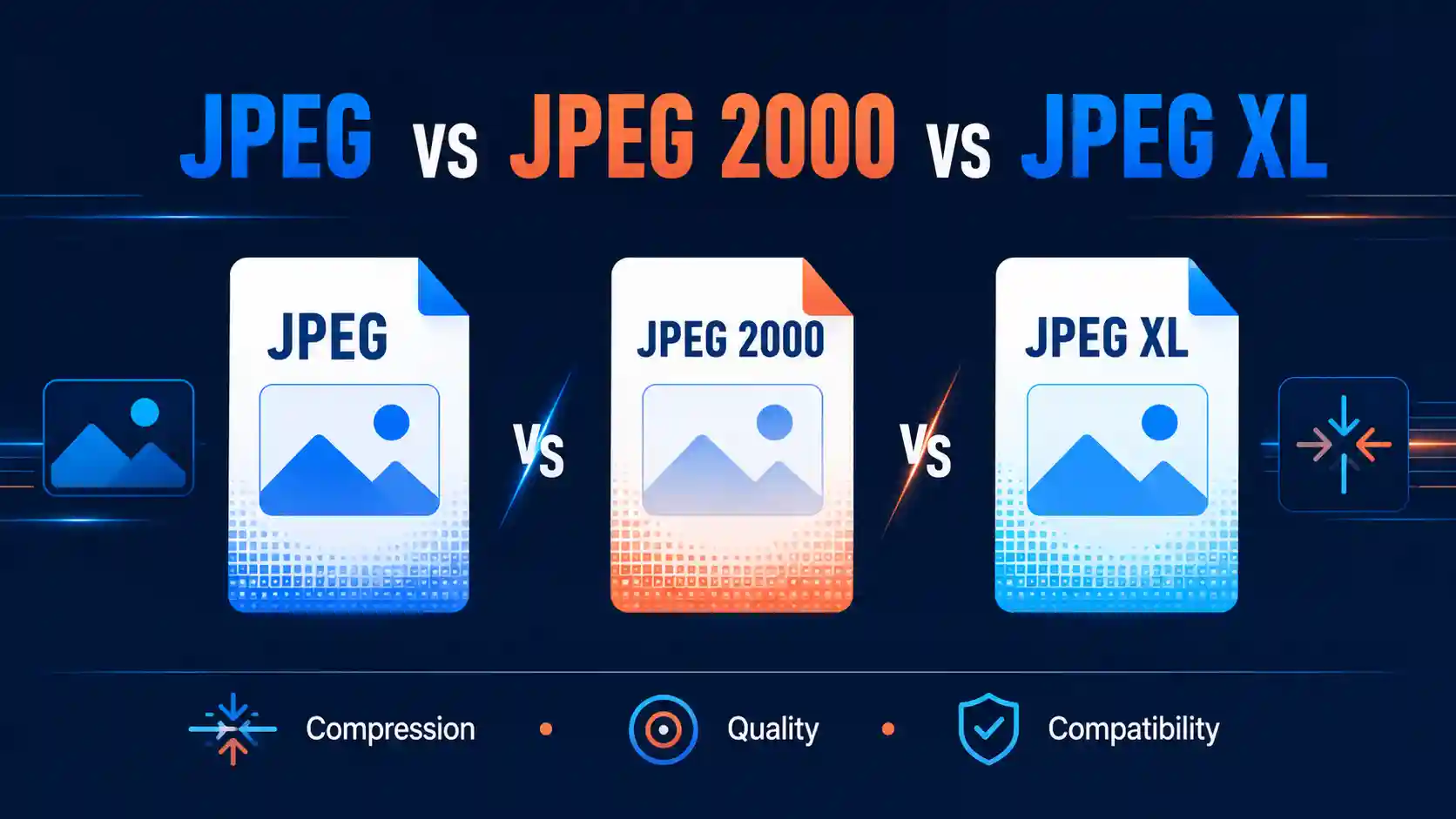 JPEG vs JPEG 2000 vs JPEG XL FAQ explaining key differences, compression, quality, compatibility, and use cases