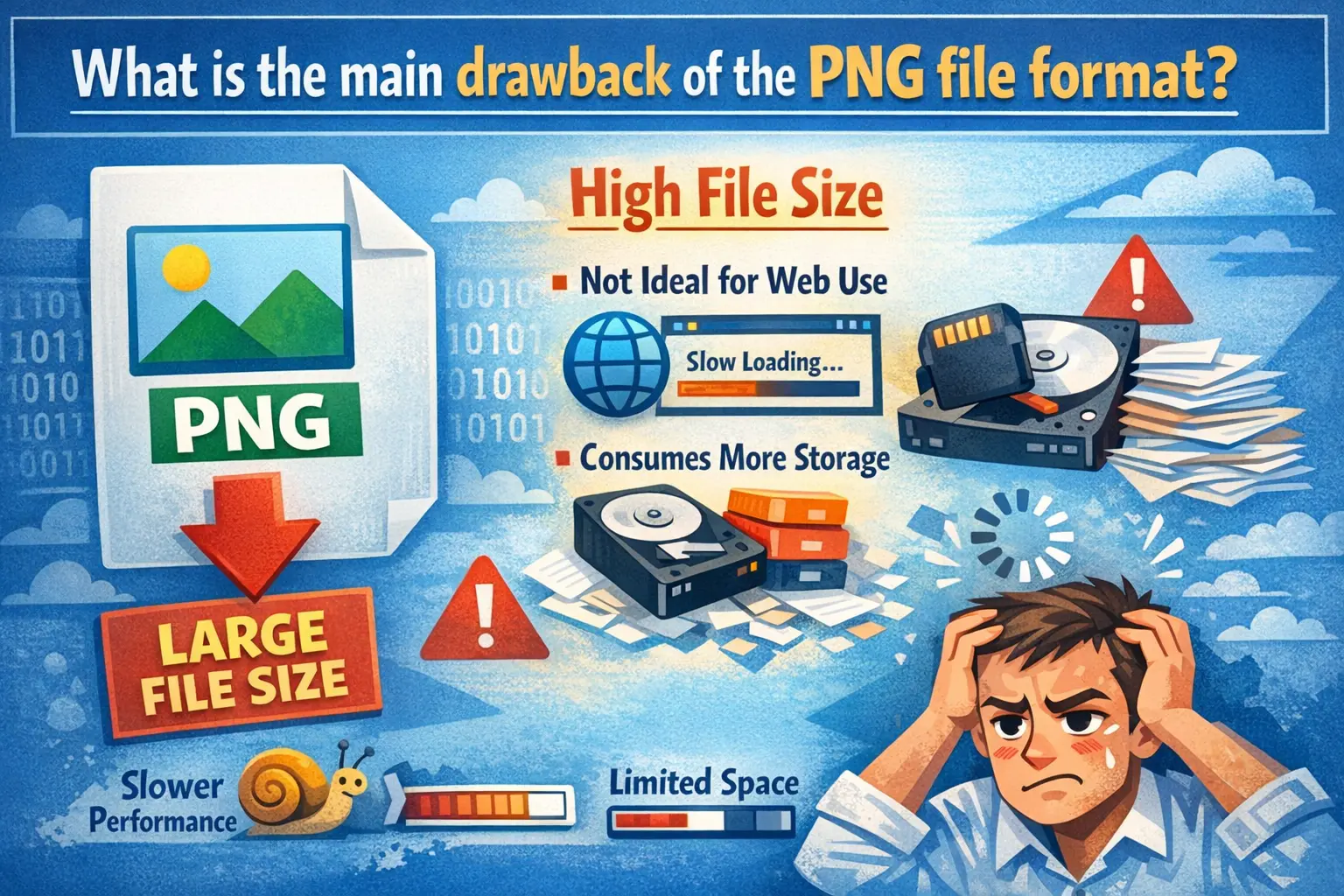 What is the main drawback of the PNG file format?, disadvantages of png, png disadvantages, PNG file format drawback, PNG vs JPEG, PNG file size, image optimization, lossless compression, WebP format, reduce image size, website speed, image conversion