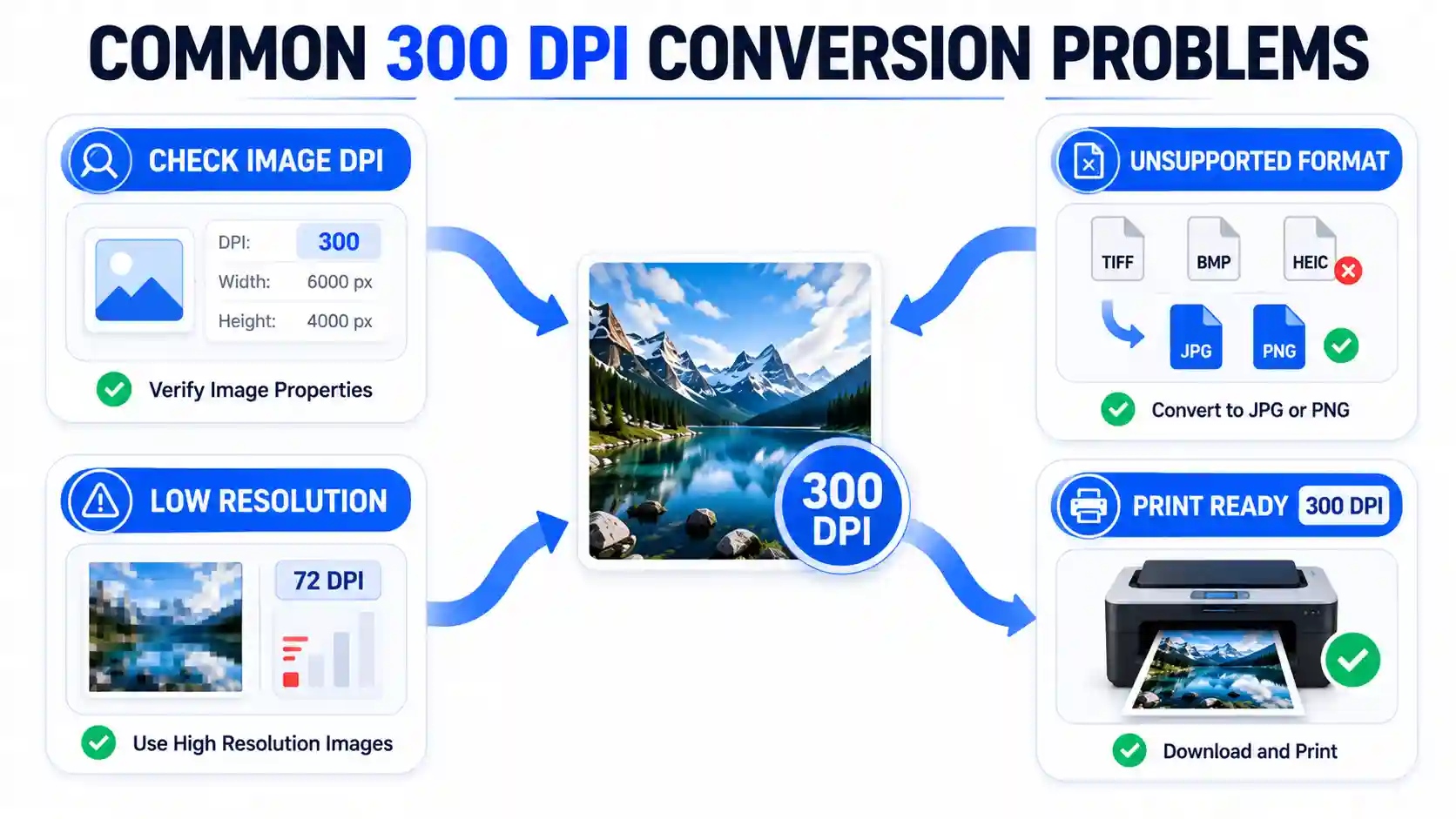 How Do I Convert a Picture to 300 DPI troubleshooting infographic explaining low resolution, unsupported formats, DPI checking, and print-ready 300 DPI images.