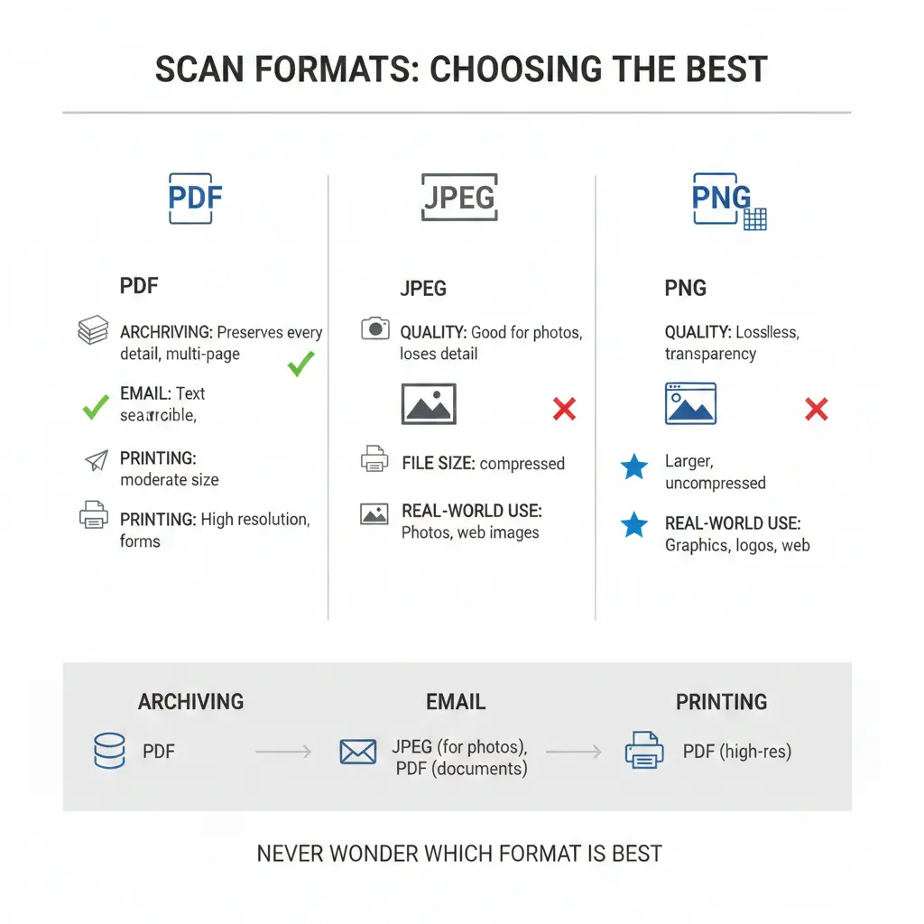 Which Document Scanning Format Is Best, Best format to scan documents for email, Best file type for scanning photos, Should I scan documents as JPEG or PDF, Best file type for scanning documents