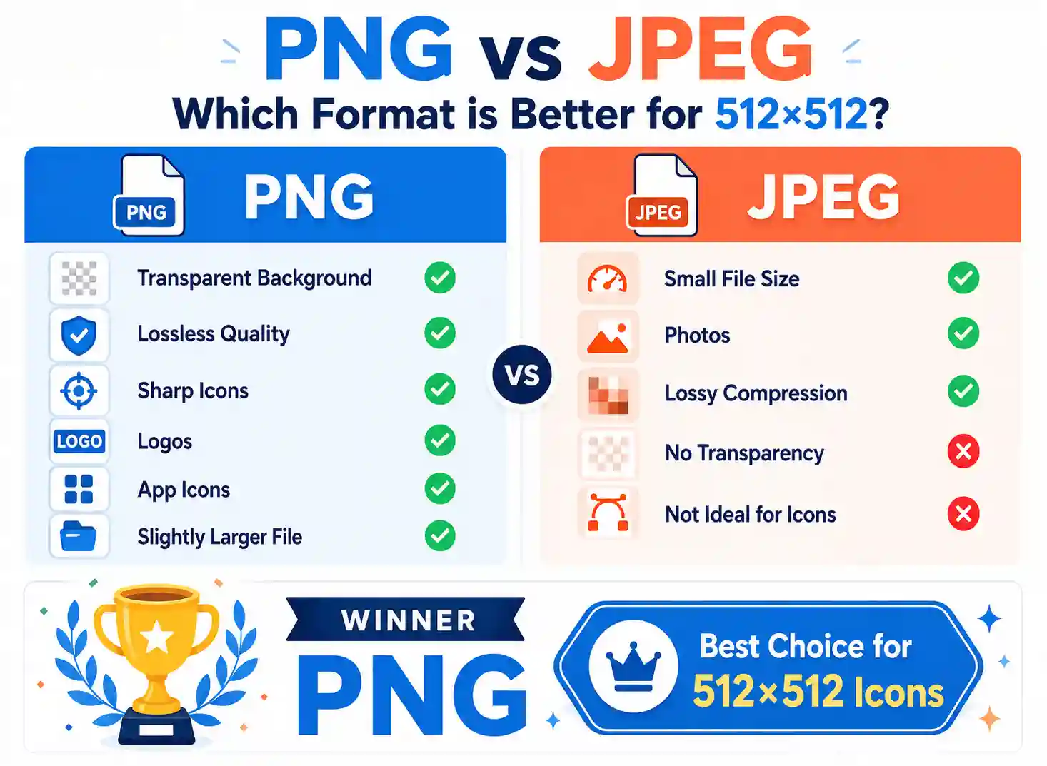 PNG vs JPEG comparison for 512×512 images highlighting transparency, image quality, file size, and the best format for icons.