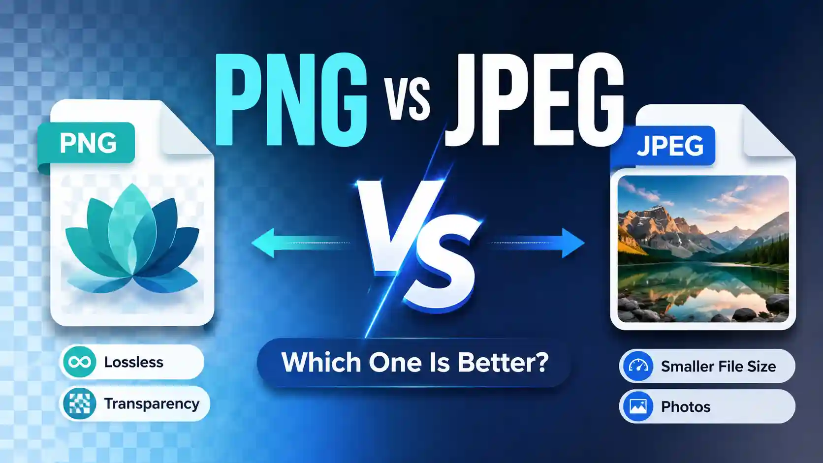 PNG vs JPEG comparison showing which image format is better, with PNG for lossless quality, transparency, logos, graphics, and screenshots, and JPEG for smaller file size, faster loading, and digital photos.