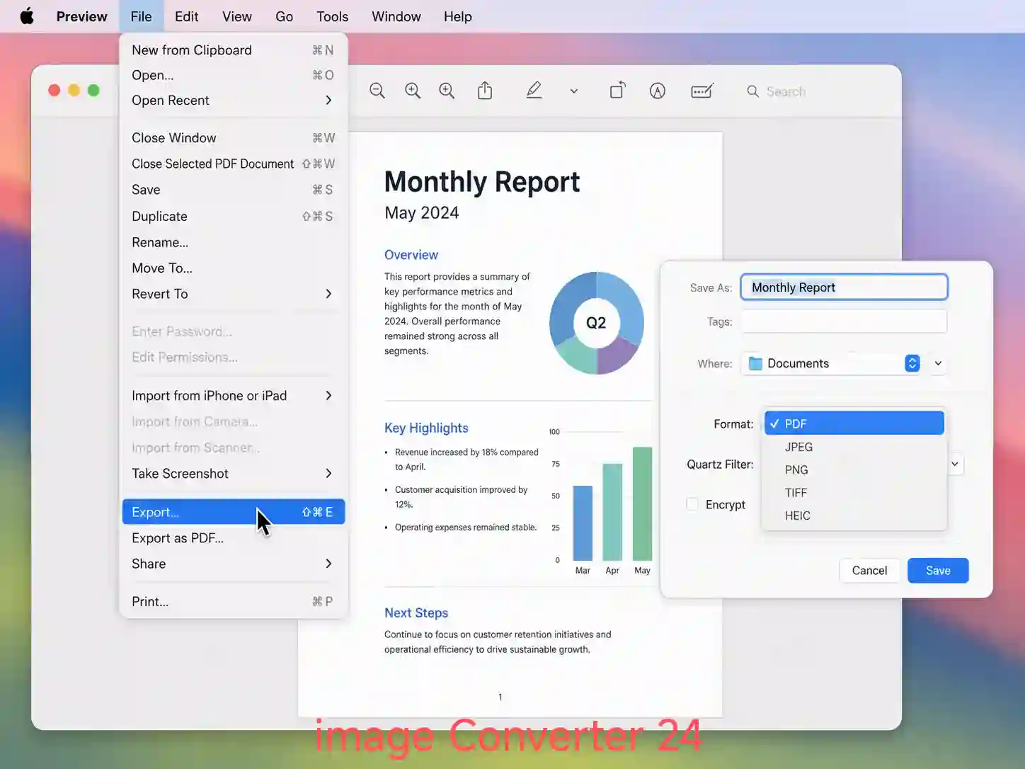 This image illustrates the macOS Preview application with the File menu opened, the Export option selected, and the Format dropdown highlighting PDF to export and save a JPEG file as a PDF document.