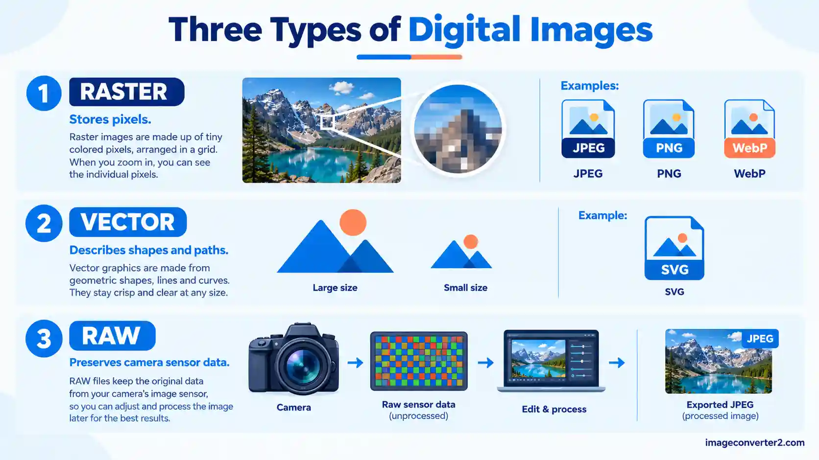 Infographic explaining raster images, vector graphics, and RAW camera files with visual examples.