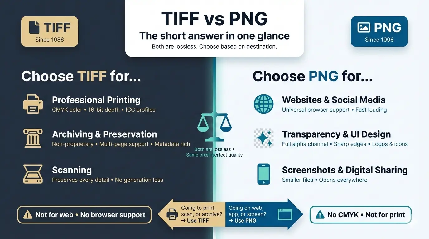 Compare TIFF vs PNG image formats in quality, compression, transparency support, and best use cases for printing, design, and web graphics.