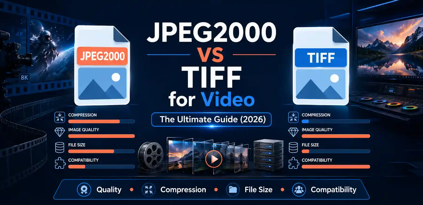 JPEG2000 vs TIFF for video comparison showing compression, file size, image quality, compatibility, and professional film workflows
