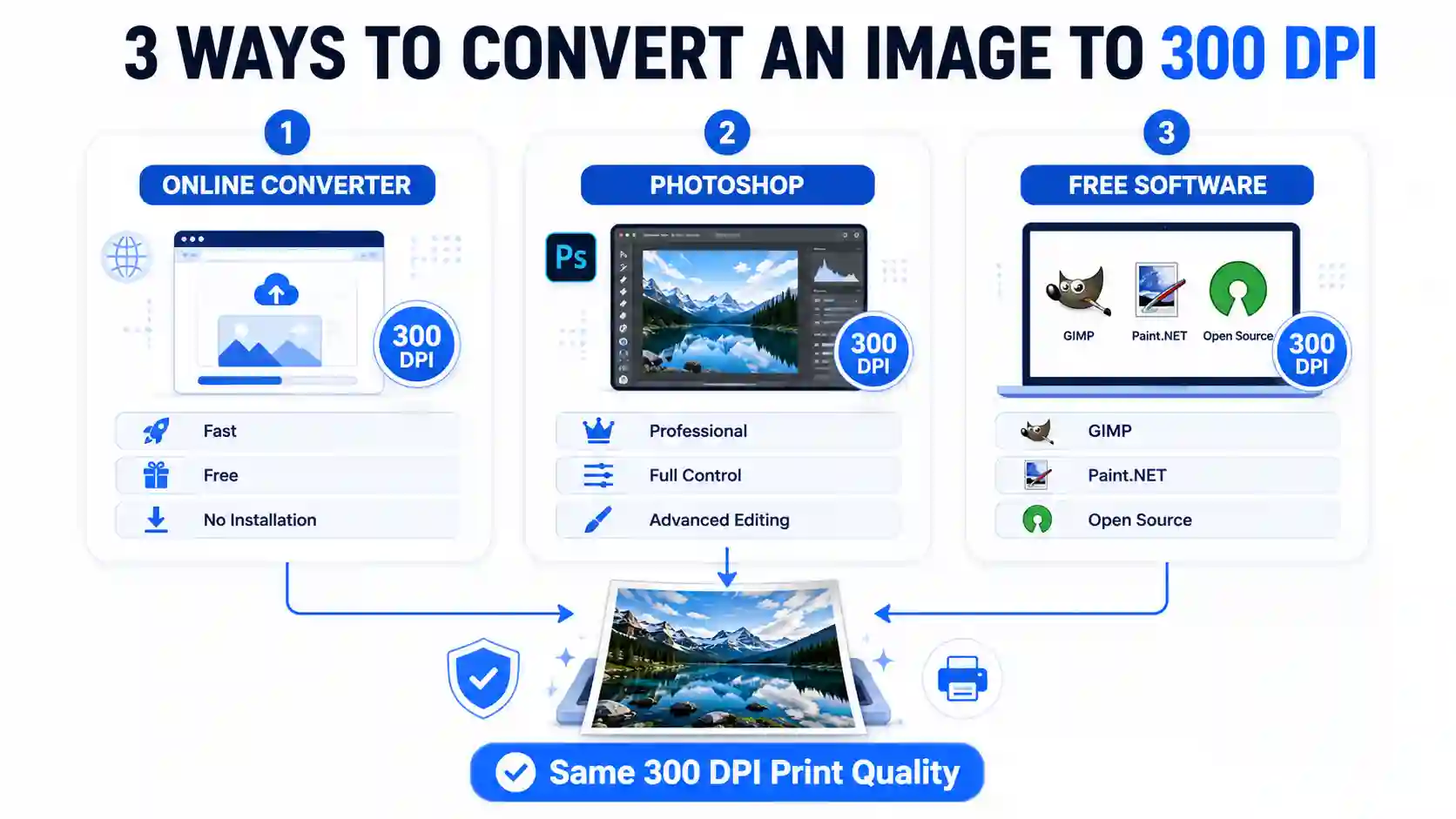 How Do I Convert a Picture to 300 DPI comparison infographic showing online converter, Photoshop, and free software methods for creating print-ready images.