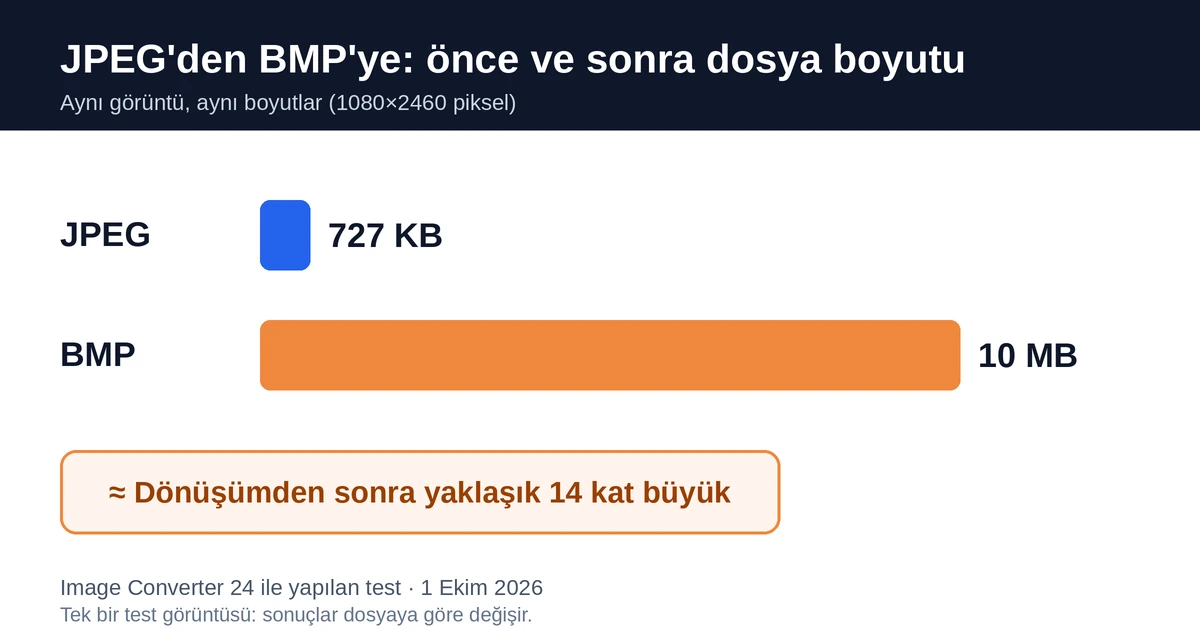 JPEG'i BMP'ye dönüştürme: boyut karşılaştırması, 727 KB'lık bir JPEG 10 MB'lık BMP'ye dönüşüyor, yaklaşık 14 kat daha büyük