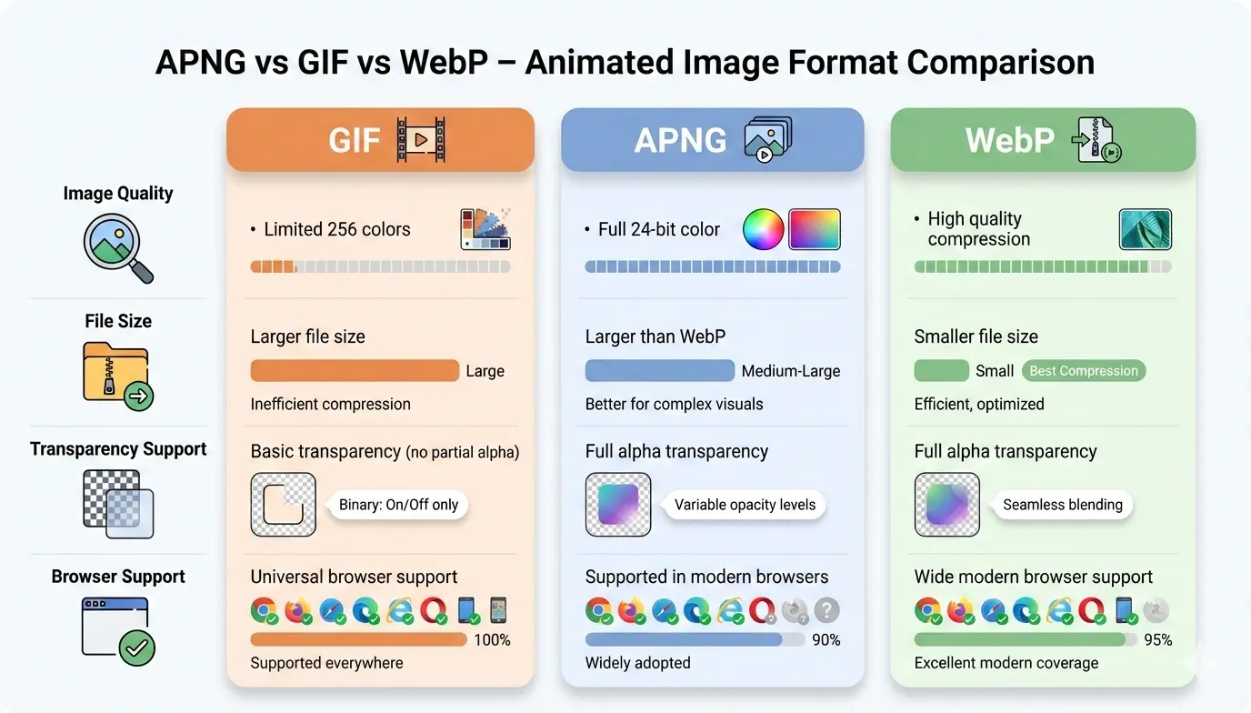 APNG vs GIF vs WebP, png vs gif, jpeg vs png vs webp, webp vs avif, png to gif, apng, webp, add png to gif, gif app, png to gif maker, convert png to gif, apng in screenflow, multiple png to gif, svg vs png, create apng, shorten gif, gif